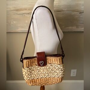Brighton  Woven Straw Shoulder Bag with brown leather accents